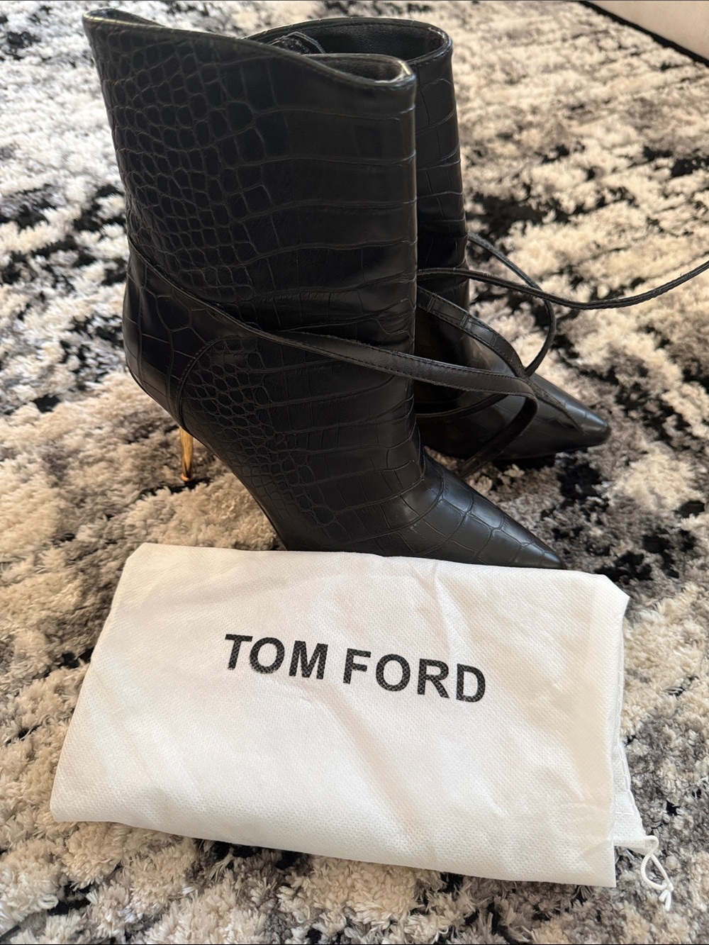 Tom Ford Black Croc-Embossed Pointed Ankle Boots with Gold Heel